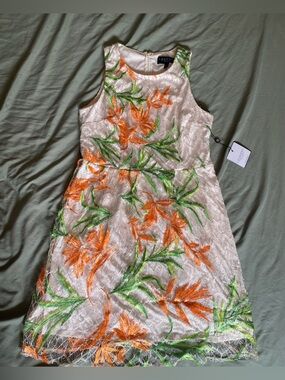 Laundry By Shelli Segal Cream Dress with Green and Orange Embroidery NWT